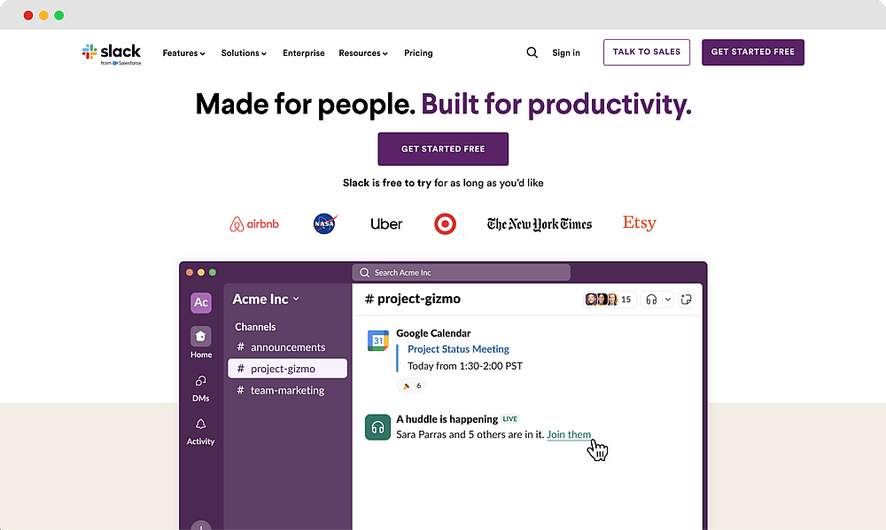 Die Homepage von Slack