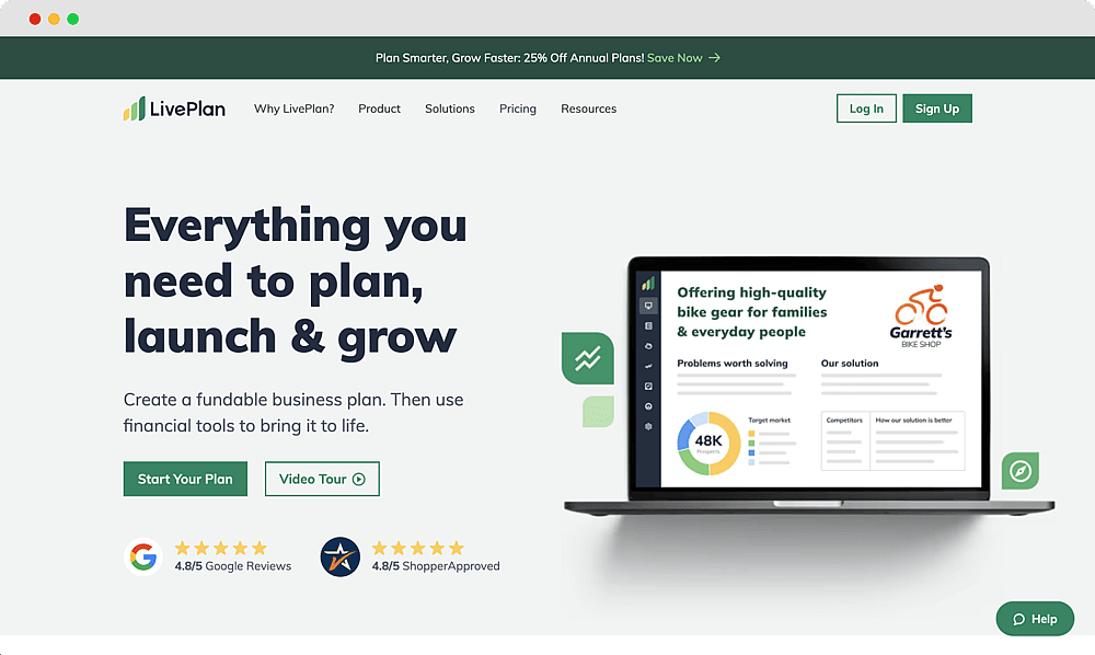 Die Homepage von LivePlan