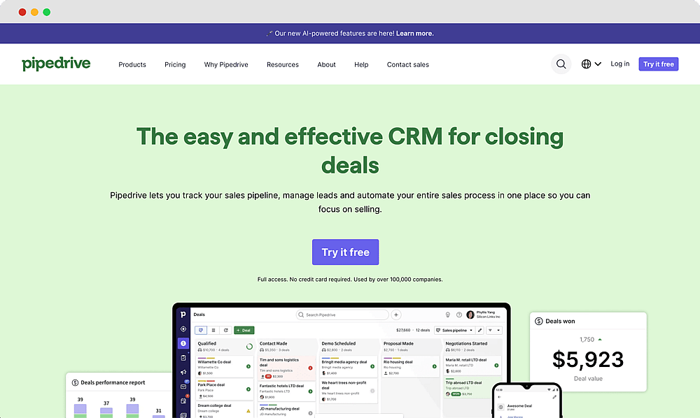 Die Homepage von Pipedrive