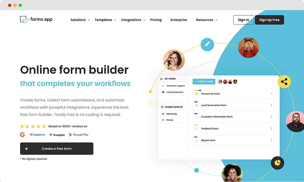 Die Homepage von forms.app