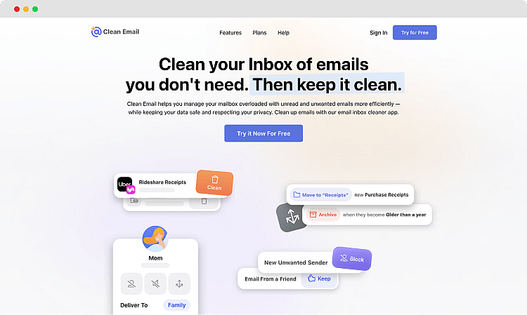 Die Homepage von Clean Email