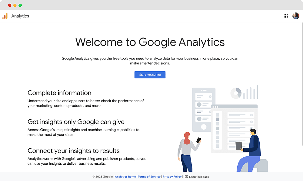 A página inicial do Google Analytics