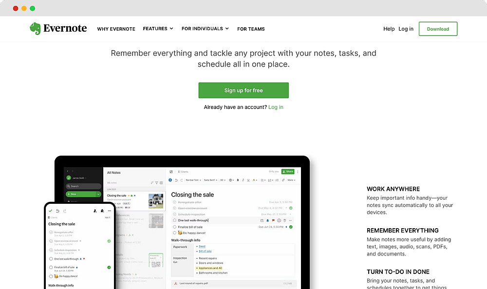 A página inicial do Evernote