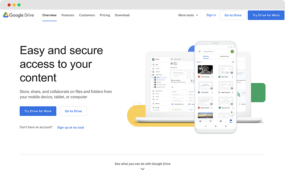 A página inicial do Google Drive
