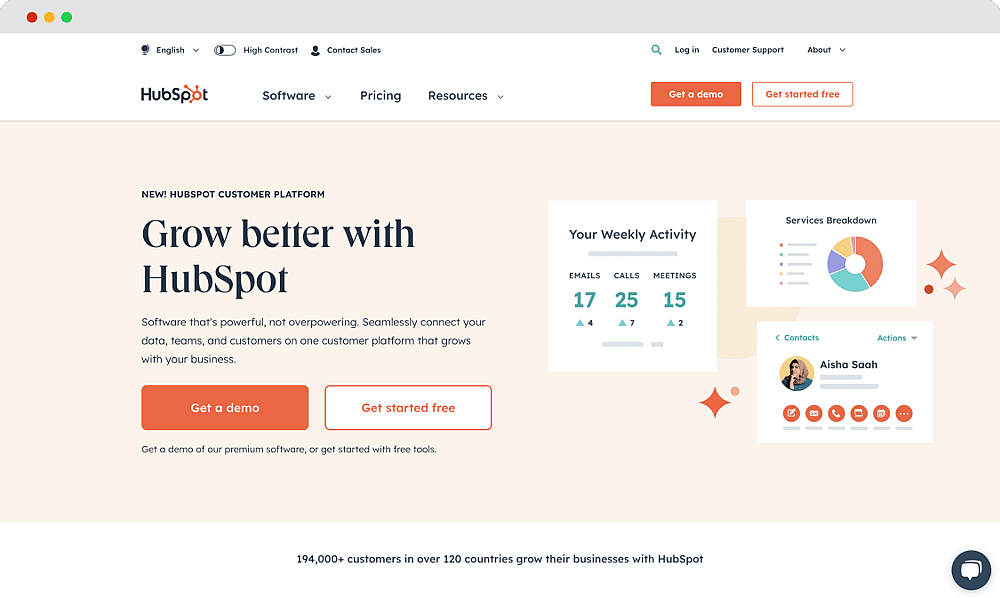A página inicial do HubSpot
