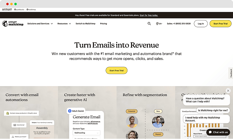 A página inicial do Mailchimp