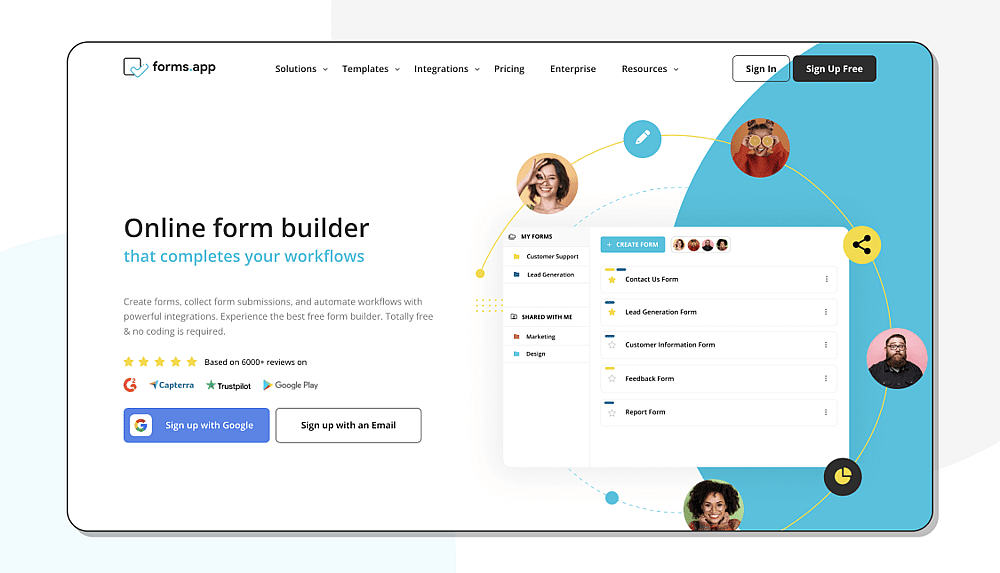 The homepage of forms.app