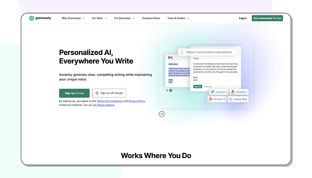The homepage of Grammarly