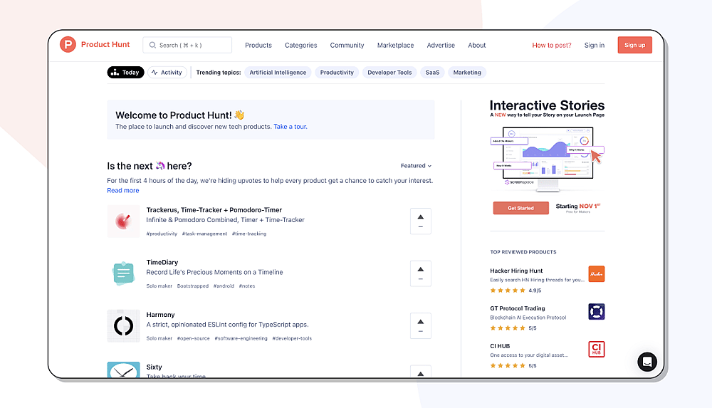 The homepage of Product Hunt