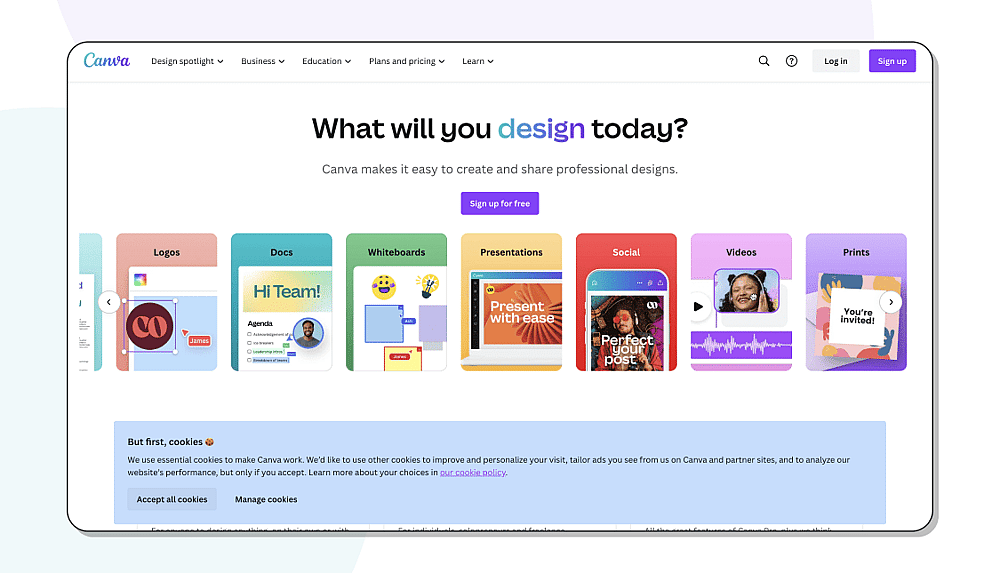 The homepage of Canva