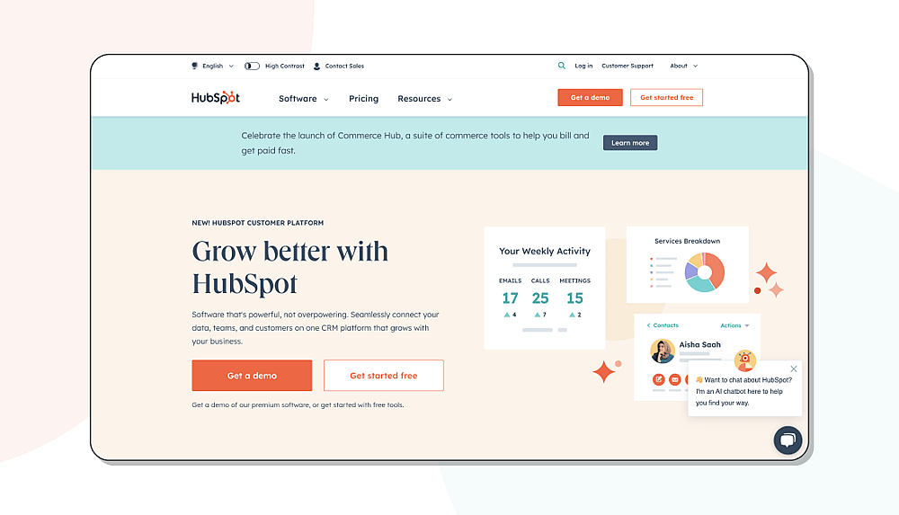 The homepage of HubSpot