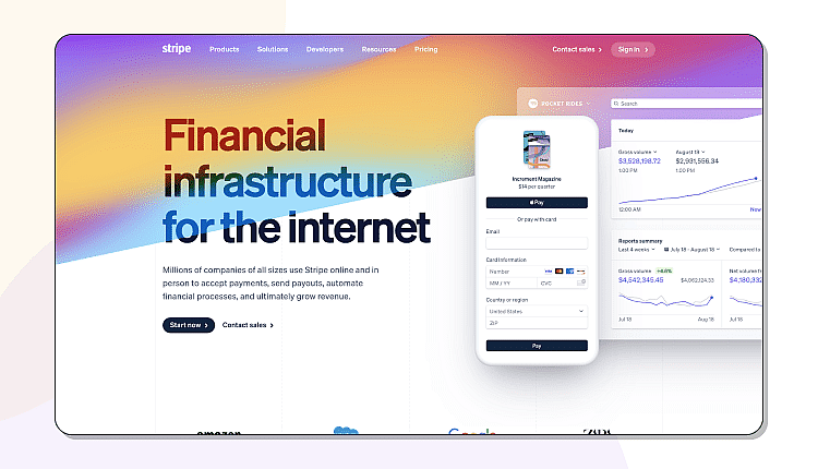 The homepage of Stripe
