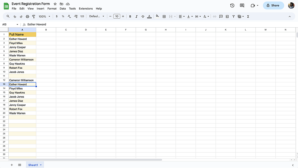 A spreadsheet showing the function results