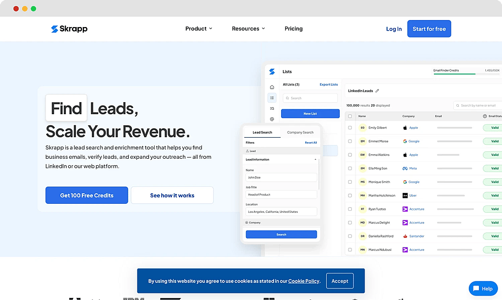 The homepage of Skrapp