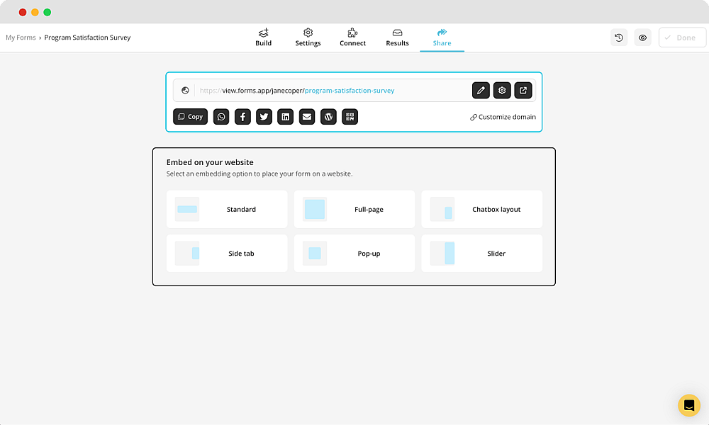 Sharing options for your program satisfaction survey