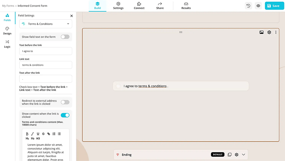 The terms & conditions field in forms.app