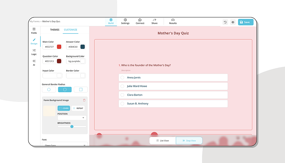 Customizing the design of your Mother’s Day quiz