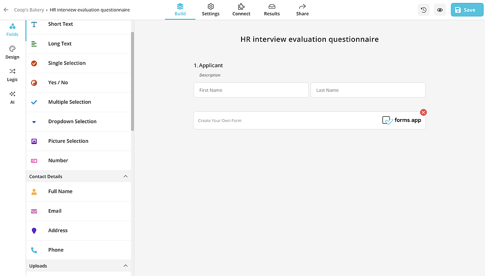 Add questions and fields to your questionnaire