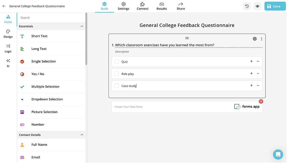 Add your questionnaire/poll questions