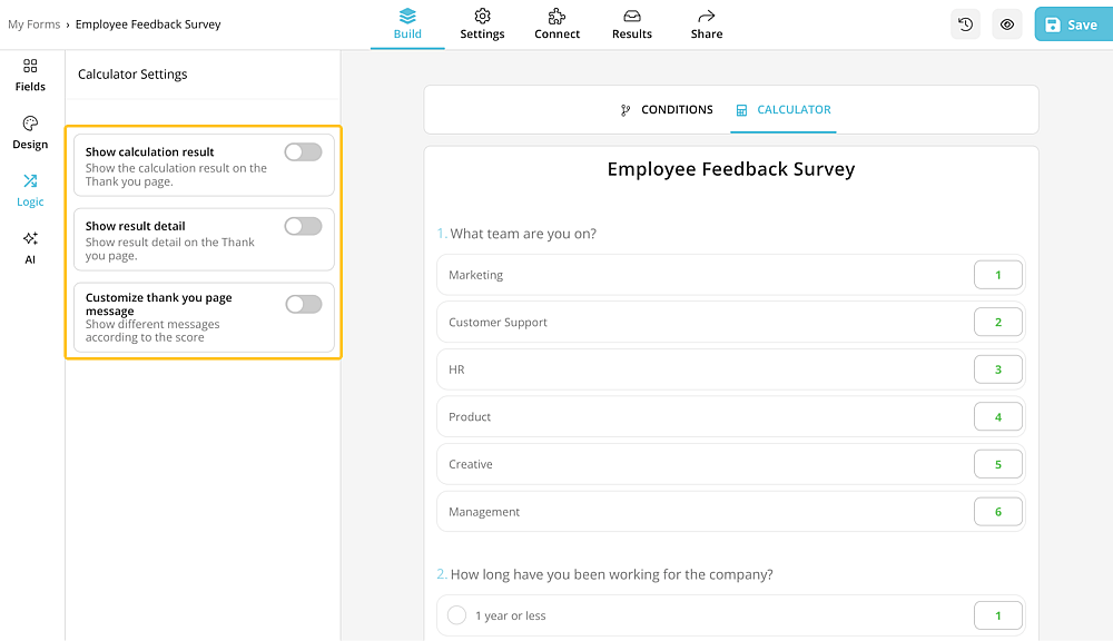 Add conditions and assign points to questions