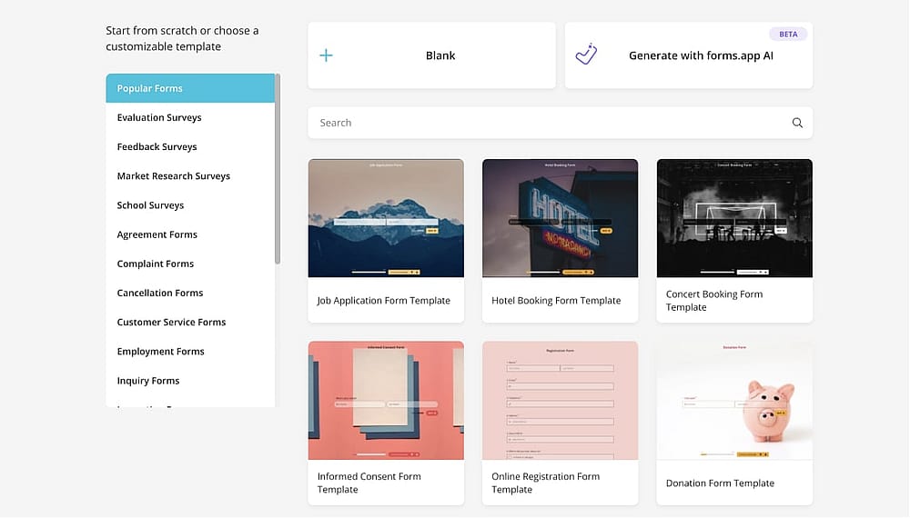 Choose a template, generate a form with AI, or start with a blank form