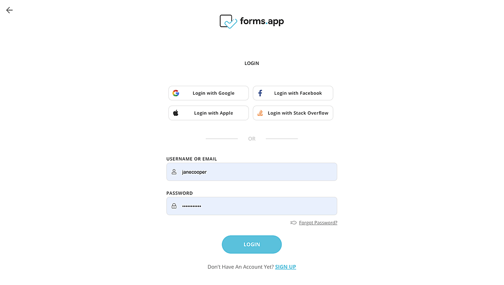 The sign-in page of forms.app
