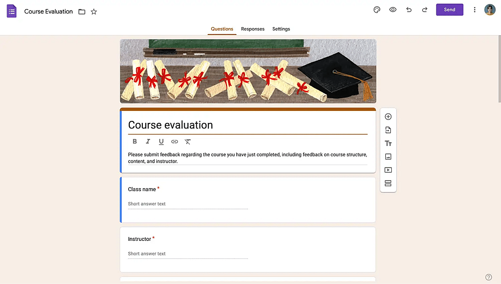 Plantilla de formulario de evaluación del curso en Google Forms