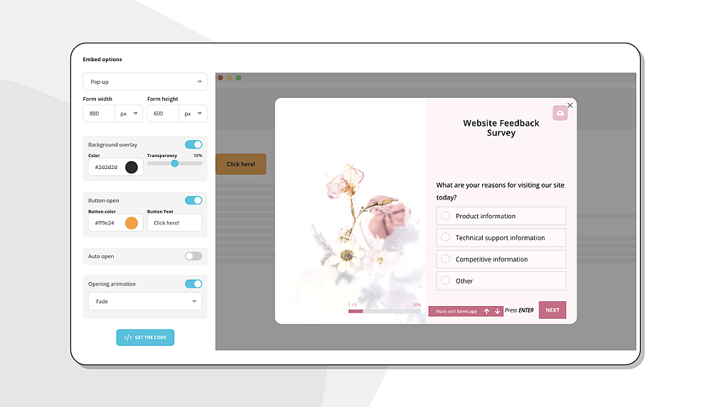 Customize your pop-up survey and share it