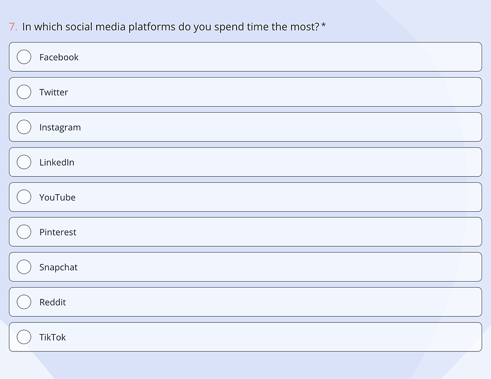A market research survey question example about social media