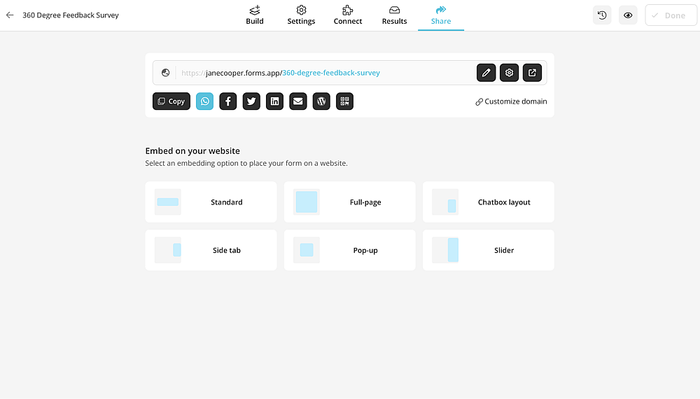 Choose a sharing option for your 360 feedback questionnaire