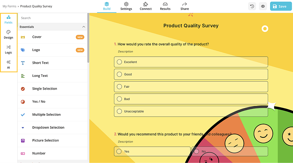 Add questions to your survey and change how it looks