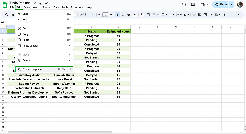 Encontrar e Substituir no Google Sheets