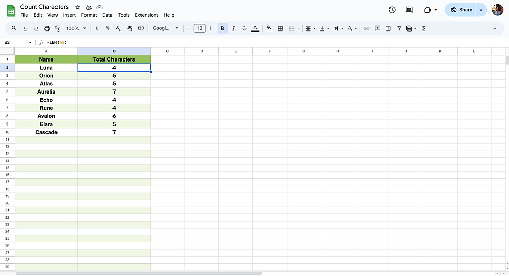 Contagem de caracteres no Google Sheets