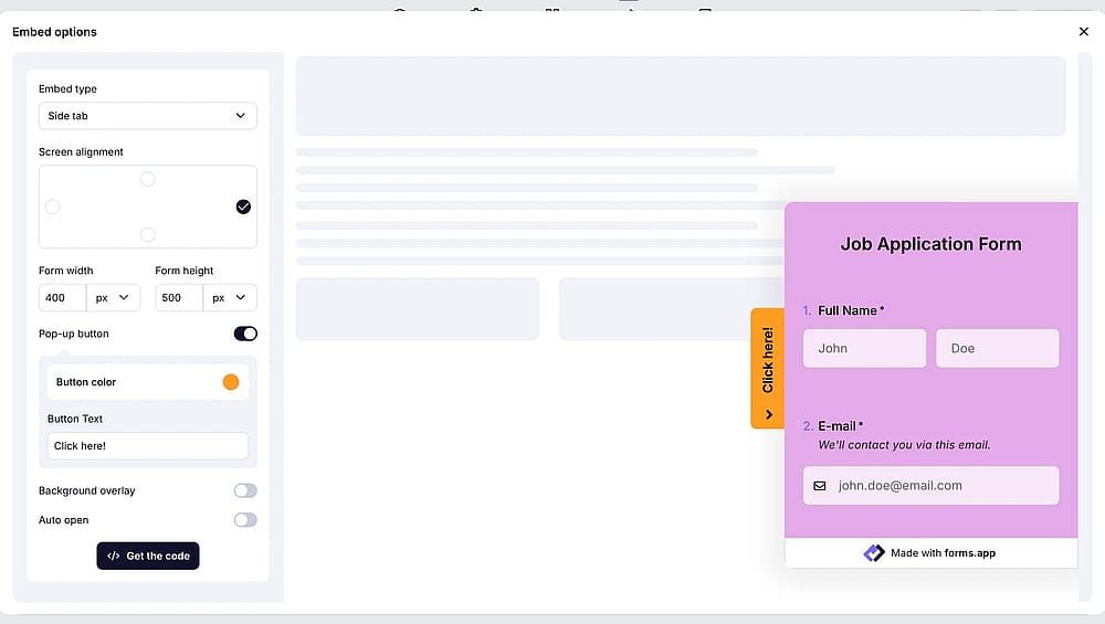 Choose the side tab embedding option