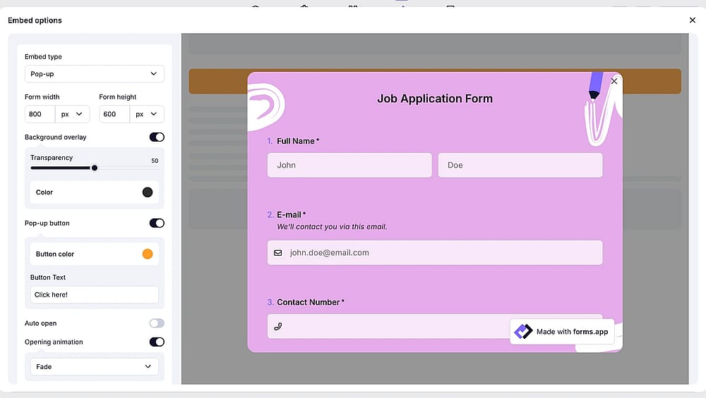 Choose the pop-up embedding option