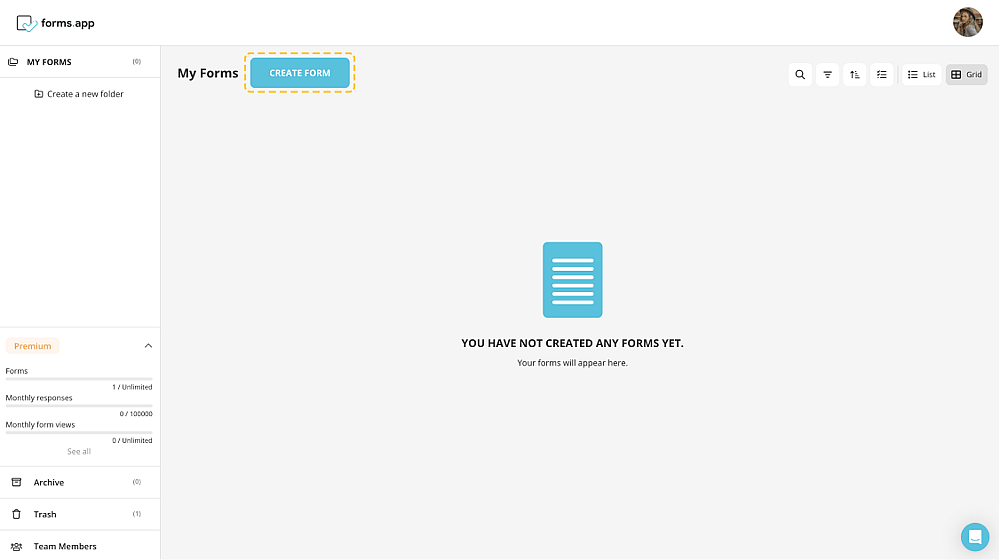 Click on the "Create Form" button to start creating your form