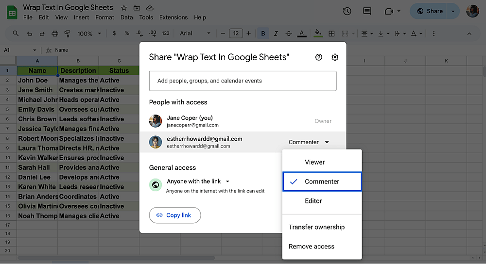 Commenter in Google Sheets