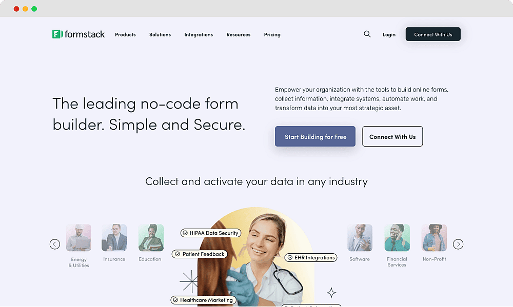 La page d'accueil de Formstack