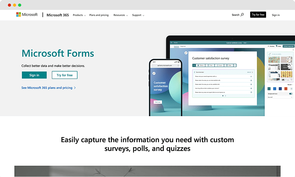 La page d'accueil de Microsoft Forms