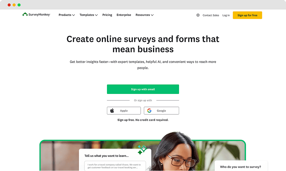 The home page of SurveyMonkey