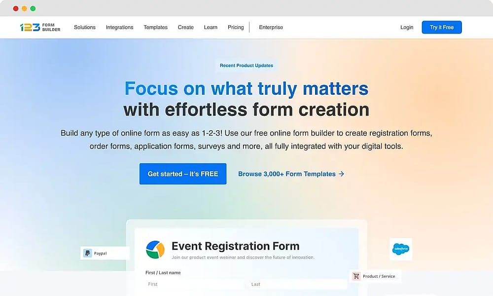 La página de inicio de 123FormBuilder