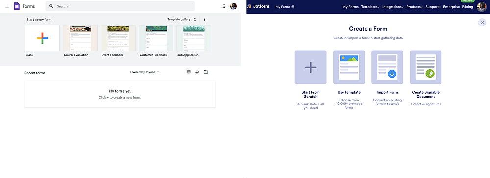 Form building screens from Google Forms and Jotform
