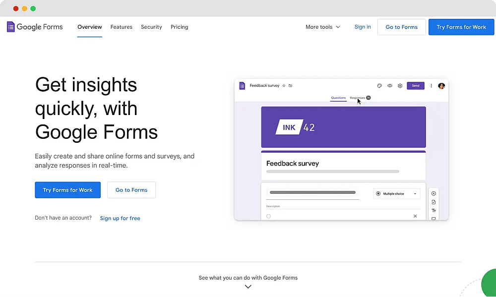 La página de inicio de Google Forms