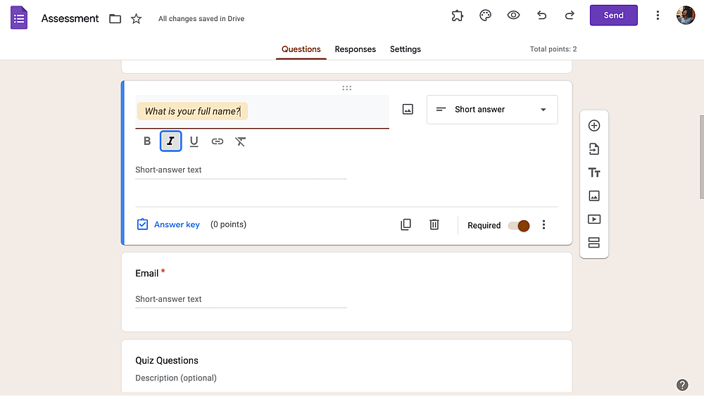 Google Forms'da soruyu italik yapın