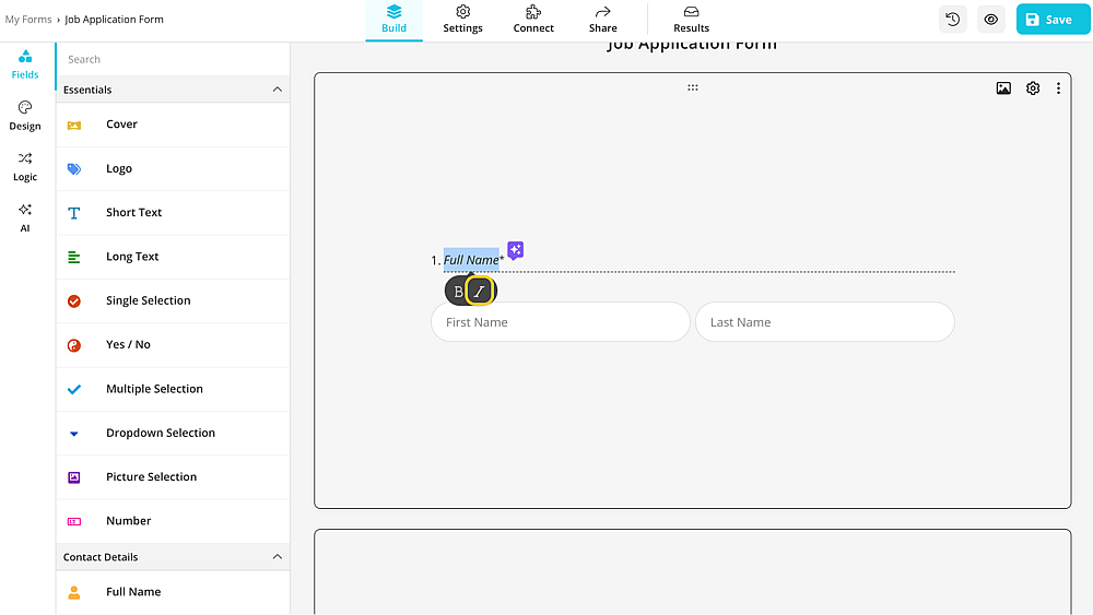 forms.app'te metni italik yapın