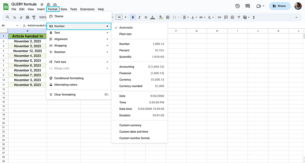 Opening the number section under format in Google Sheets