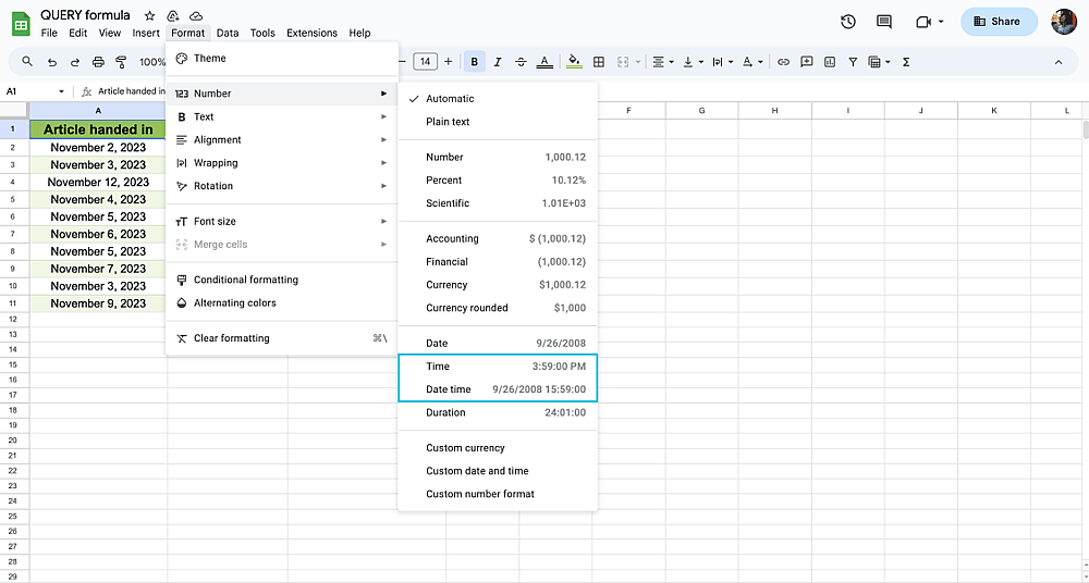 Number options for date, time, date time, and duration in Google Sheets