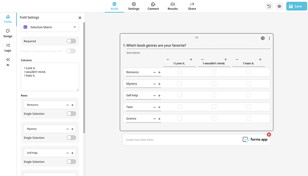 Selection Matrix field on forms.app