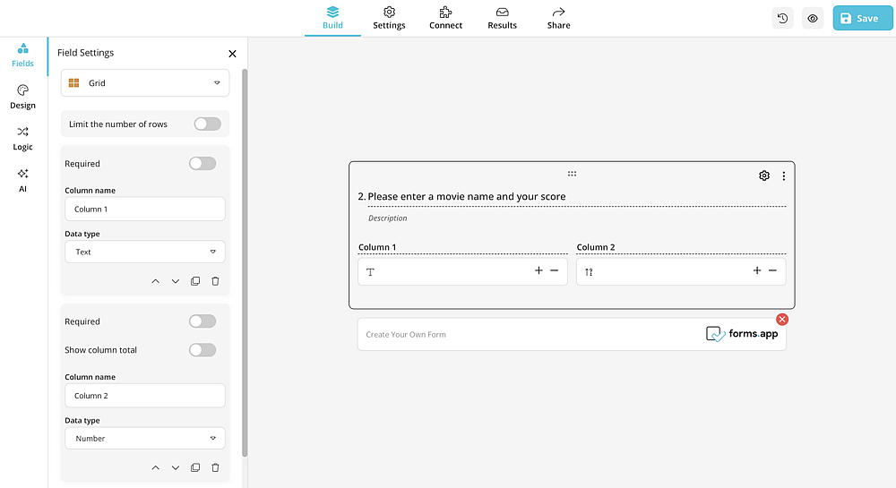 Grid field on forms.app