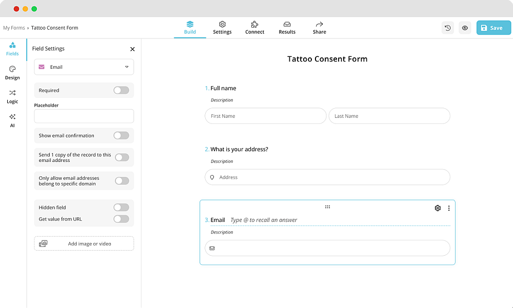 Adding questions and fields to your tattoo consent form